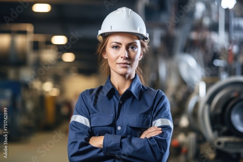 A western person in a blue work uniform and white helmet stands with crossed arms in an industrial setting, against a backdrop of machinery.




