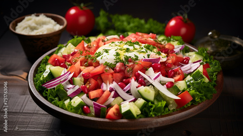  Crafting a Nutritious and Fresh Mixed Vegetables Salad   healty food on the wooden table  Fresh vegetable salad with feta cheese  tomatoes and cucumbers in a bowl