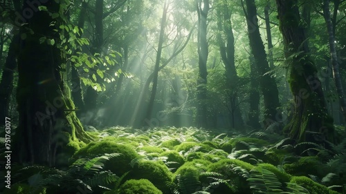 Mystical sun rays piercing through forest - Enchanted view of sunbeams reaching the forest floor, highlighting the green lush foliage and serene environment