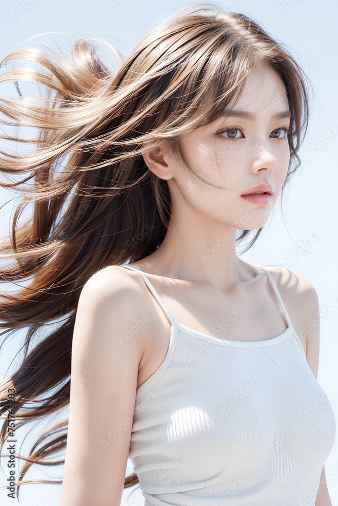 Gorgeous Young Female Model - Fashion or Cosmetics Model - Beauty with Perfect Fine Features - Beautiful Smooth Hair blowing in the Wind Gorgeous Young Female Model - Fashion or Cosmetics Model - Beauty with Perfect Fine Features - Beautiful Smooth Hair blowing in the Wind
