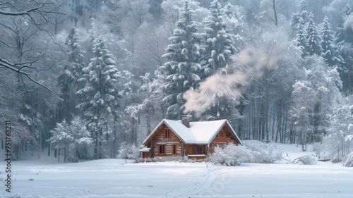 Winter scene of a cabin in a snowy forest - A serene winter scene where a cabin is surrounded by snow-covered trees, embodying the tranquility of nature
