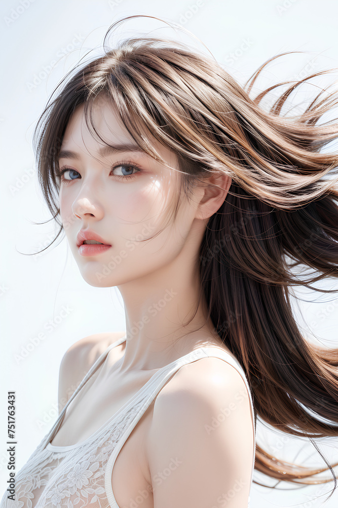 Gorgeous Young Female Model - Fashion or Cosmetics Model - Beauty with Perfect Fine Features - Beautiful Smooth Hair blowing in the Wind Gorgeous Young Female Model - Fashion or Cosmetics Model - Beauty with Perfect Fine Features - Beautiful Smooth Hair blowing in the Wind