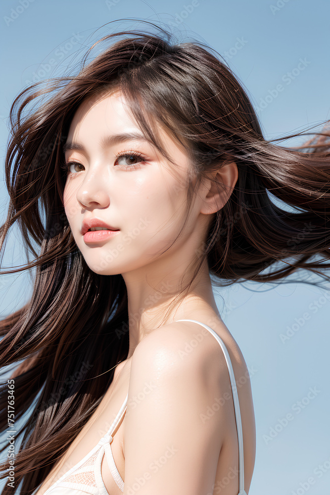 Gorgeous Young Female Model - Fashion or Cosmetics Model - Beauty with Perfect Fine Features - Beautiful Smooth Hair blowing in the Wind Gorgeous Young Female Model - Fashion or Cosmetics Model - Beauty with Perfect Fine Features - Beautiful Smooth Hair blowing in the Wind