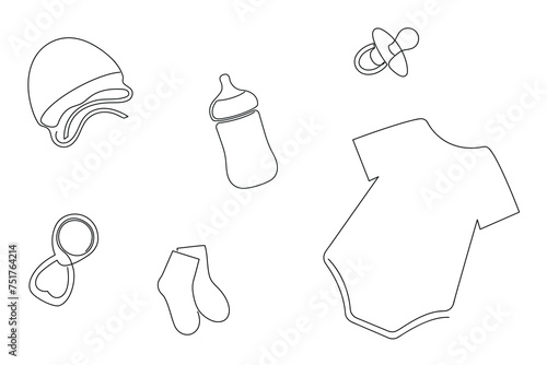 Set for baby drawn in one continuous line. One line drawing, minimalism. Vector illustration.