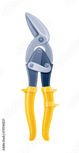 Metal cutter 3d icon. Scissors tool with sharp blade and yellow plastic handles. Vector cutter isolated on white background. Cartoon secateurs tool. Repair scissors instrument. Realistic handyman icon