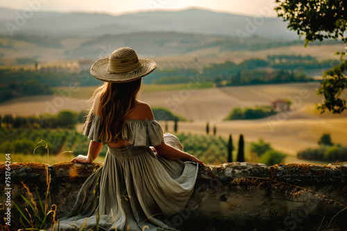 Jeune femme avec un chapeau assise sur un muret contemplant la campagne