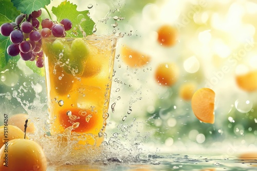 a glass filled with juice with red grapes and orange slices splashing in. The juice is a light orange color and the fruit slices are curled slightly.  There are water droplets around the glass and fru photo