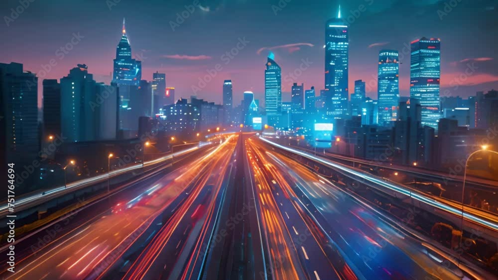 Dynamic cityscape with neon lights in time lapse. Dynamic cityscape with neon lights in time lapse.