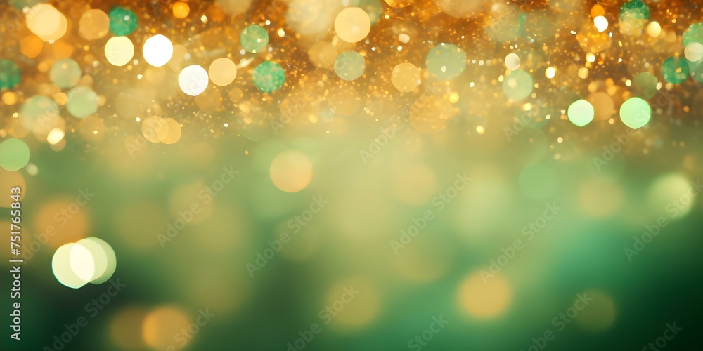 Festive Gold and Green Bokeh Background with Text Space. Concept Festive Photo Backdrops, Gold Bokeh Effect, Green Color Theme, Text Overlay, Holiday Photography