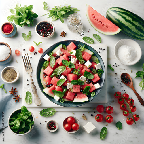 Moroccan Watermelon Salad with Feta on Marble Counter