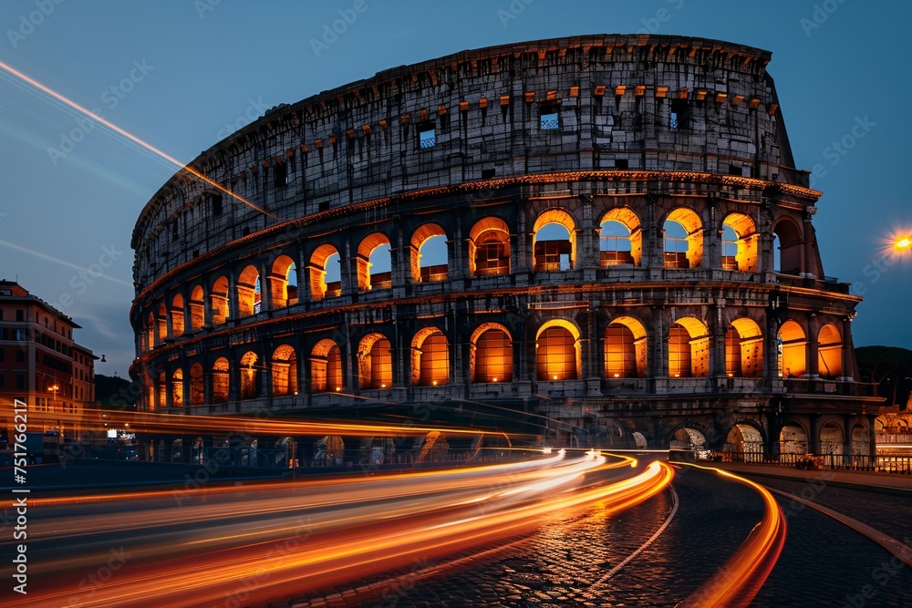 a circular building with lights on it with Colosseum in the background