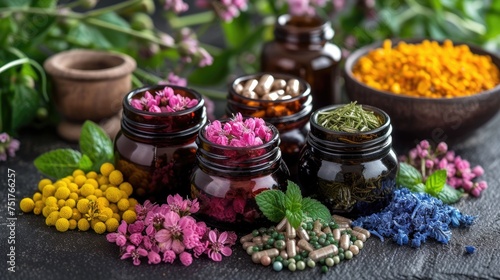 Natural remedies: herbal therapy, medicines, drugs, tincture, infusion, homeopathy for holistic health and wellness solutions in alternative medicine practices.