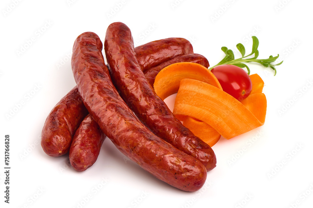 Grilled pork sausages, isolated on white background