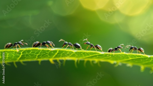 ants walking a green leaf. fresh leaves in nature photo