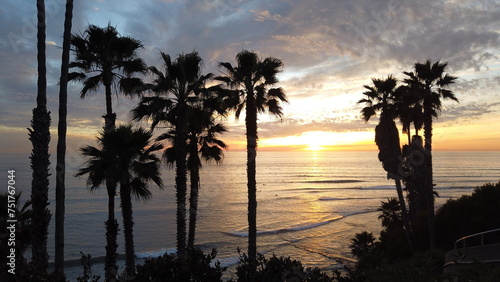Southern California beaches  sunsets  surfers  tide pools and palms trees at Swamis Reef Surf Park and Moonlight Beach in Encinitas California.