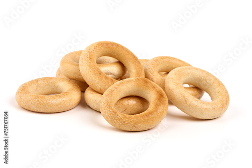 Dry bagels, bread rings isolated on white background