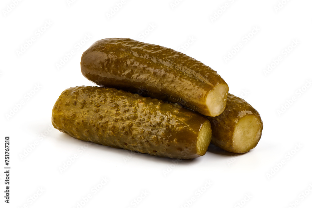 Marinated pickled cucumbers, gherkin, salted cornichon, isolated on white background Marinated pickled cucumbers, gherkin, salted cornichon, isolated on white background
