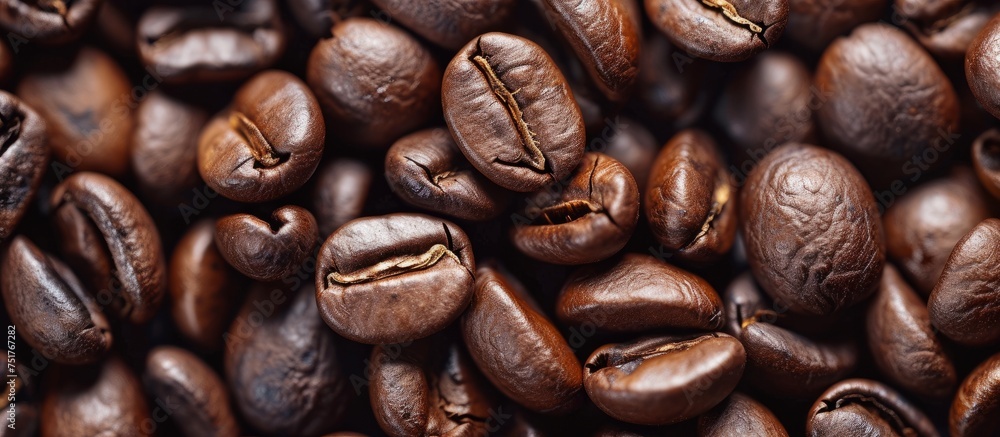 Fototapeta premium Roasted coffee beans background for aromatic brewing coffee drink concept