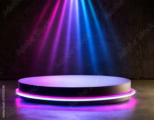 Modern plate pedestal of neon light platform display with luxury stand podium on dark room background