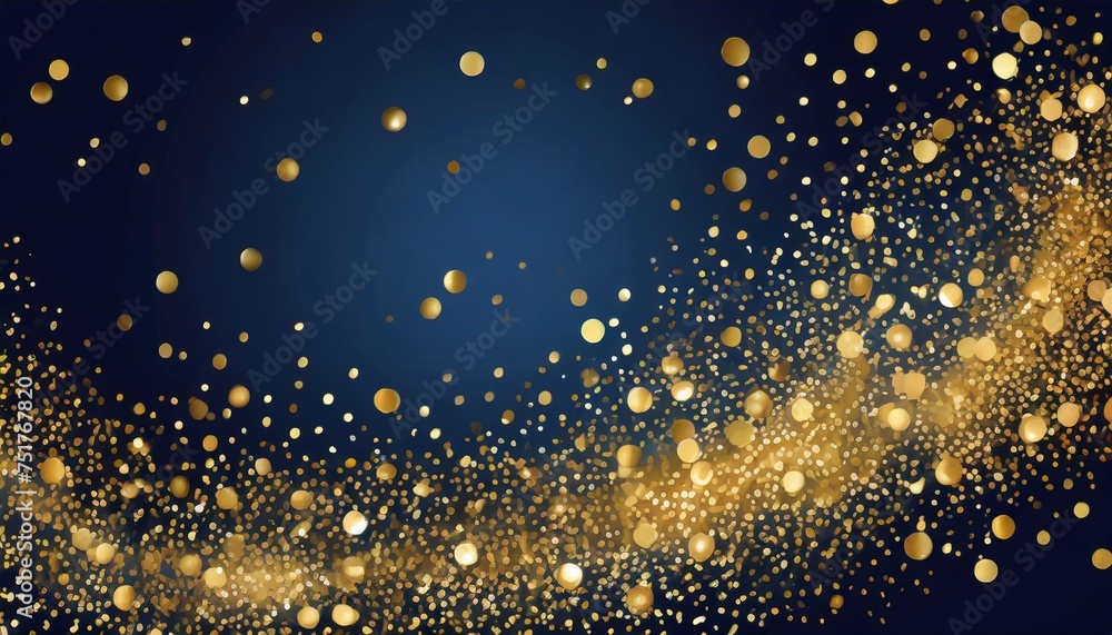 golden shiny particles on a dark blue background for the design of new year and christmas greetings