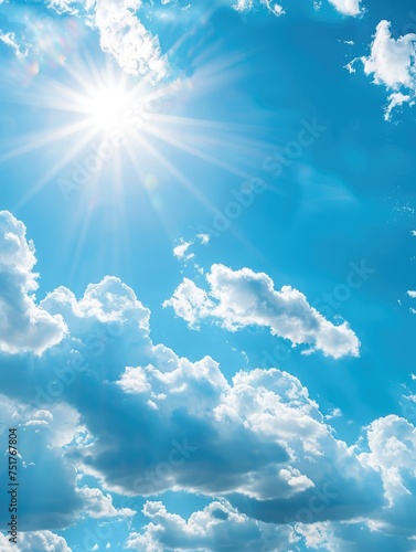Bright blue sky and radiant sun beams - A vivid image capturing the essence of a sunny day with sunlight piercing through fluffy white clouds in a clear blue sky
