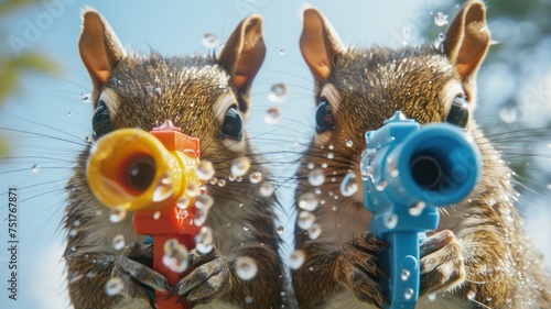 Close-up of squirrels with water guns - An intriguing close-up of squirrels playfully engaging with colorful water guns amidst droplets of water, showing a funny perspective photo