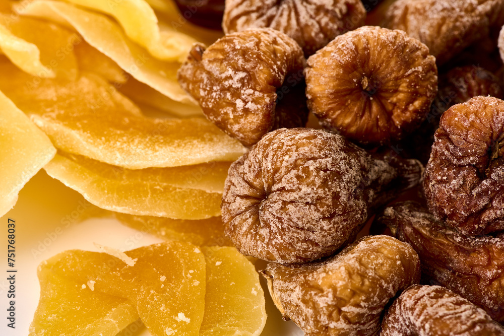 Healthy snack: mixed dried fruits, dried mango, dates, figs, dried persimmon, Close-up Healthy snack: mixed dried fruits, dried mango, dates, figs, dried persimmon, Close-up