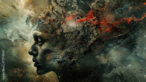 Explosive head profile with dynamic elements - A dynamic and powerful visual metaphor of a human head exploding into fragments and energy, symbolizing creativity or chaos photo