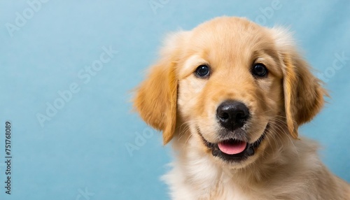 portrait of a happy goldne retriever dog puppy on a light blue background with space for text © Kendrick