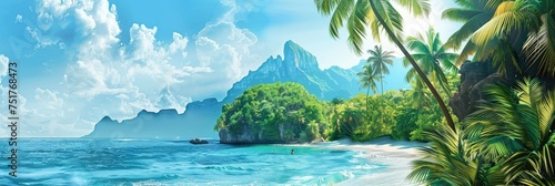 Panoramic tropical island and turquoise ocean view - A breathtaking panoramic shot of a tropical island with lush greenery and a stunning view of the turquoise ocean and clear sky