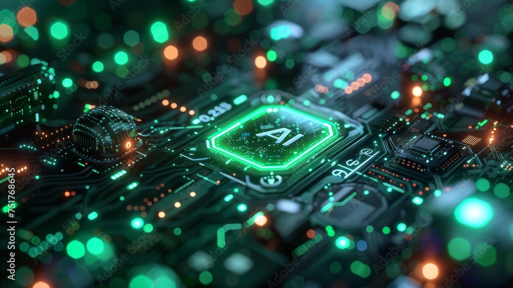 Ai computer data center render, with green light Ai computer data center render, with green light