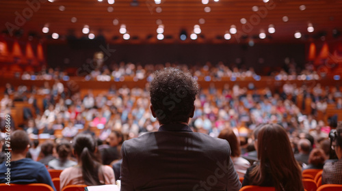 Conference hall, view of a diverse audience attentively listening to a speaker on stage