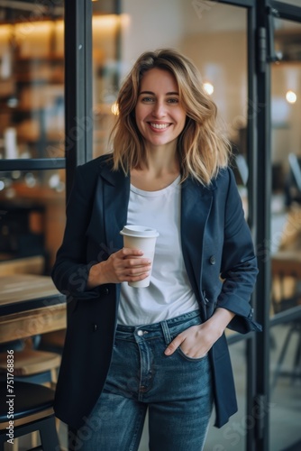 Smiling confident businesswoman with arms bring coffee