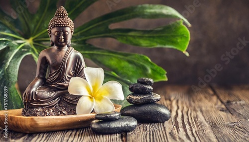 spa background with small buddha and large space for text zen inspired luxury with dark colors