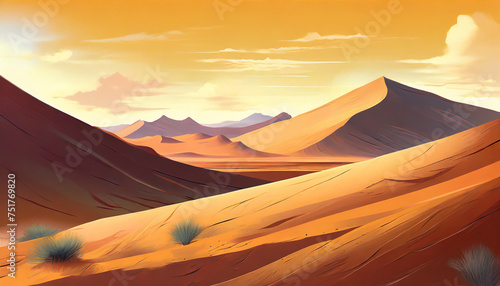 Detailed illustration of desert landscape with sand, plants and mountains.