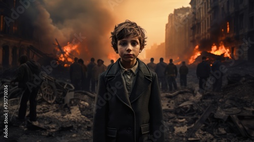 the confused kid standing on center see the camera with city burned destruction of an aftermath war conflict as background.
