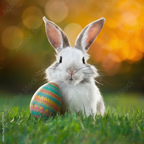 cute easter bunny holding easter eggs,with a blurred background, AI generated  © Rayani