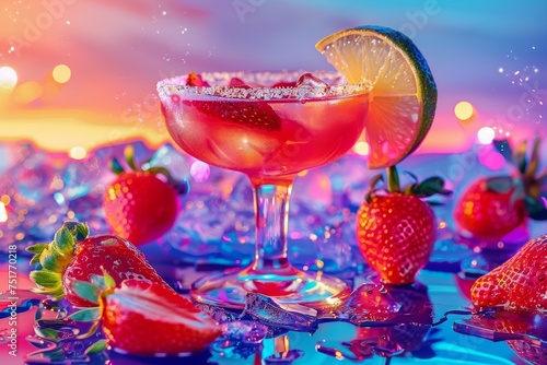 Strawberry Margarita Cocktail on Color Neon Background, Tropical Mocktail, Beach Party Coctail photo