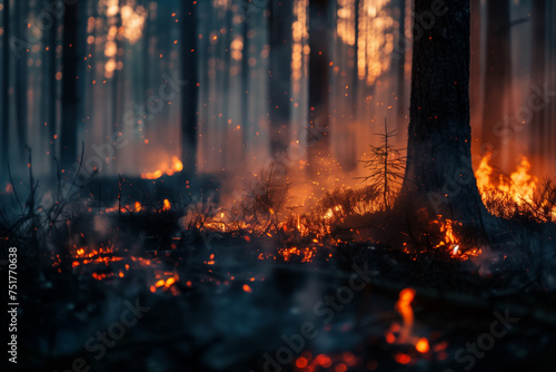 Wildfires close up, trees and grass engulfed in flames. Fire in the forest