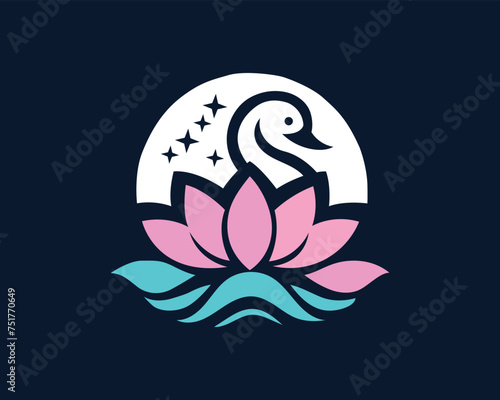 swan and flowers, swan lotus logo, swan spa beauty logo, swan in water with lotus flower logo design vector illustration