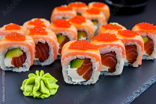 Delicious sushi on a dark background. Tasty sushi on a graphite plate. Sushi Filadelfia. Generative AI image.	