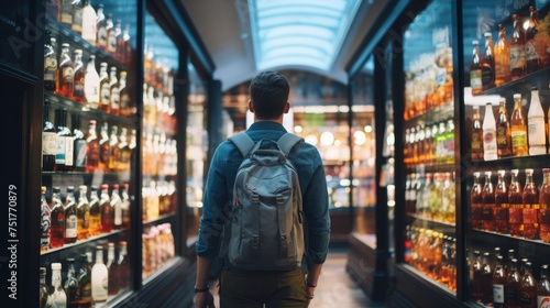 Tourist with backpack in front of a window store full of drinks bottles