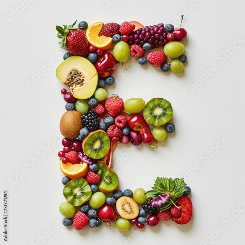 A healthy and colorful representation of the letter E made entirely of fruits. A healthy and colorful letter E  made from a variety of fruits and berries.