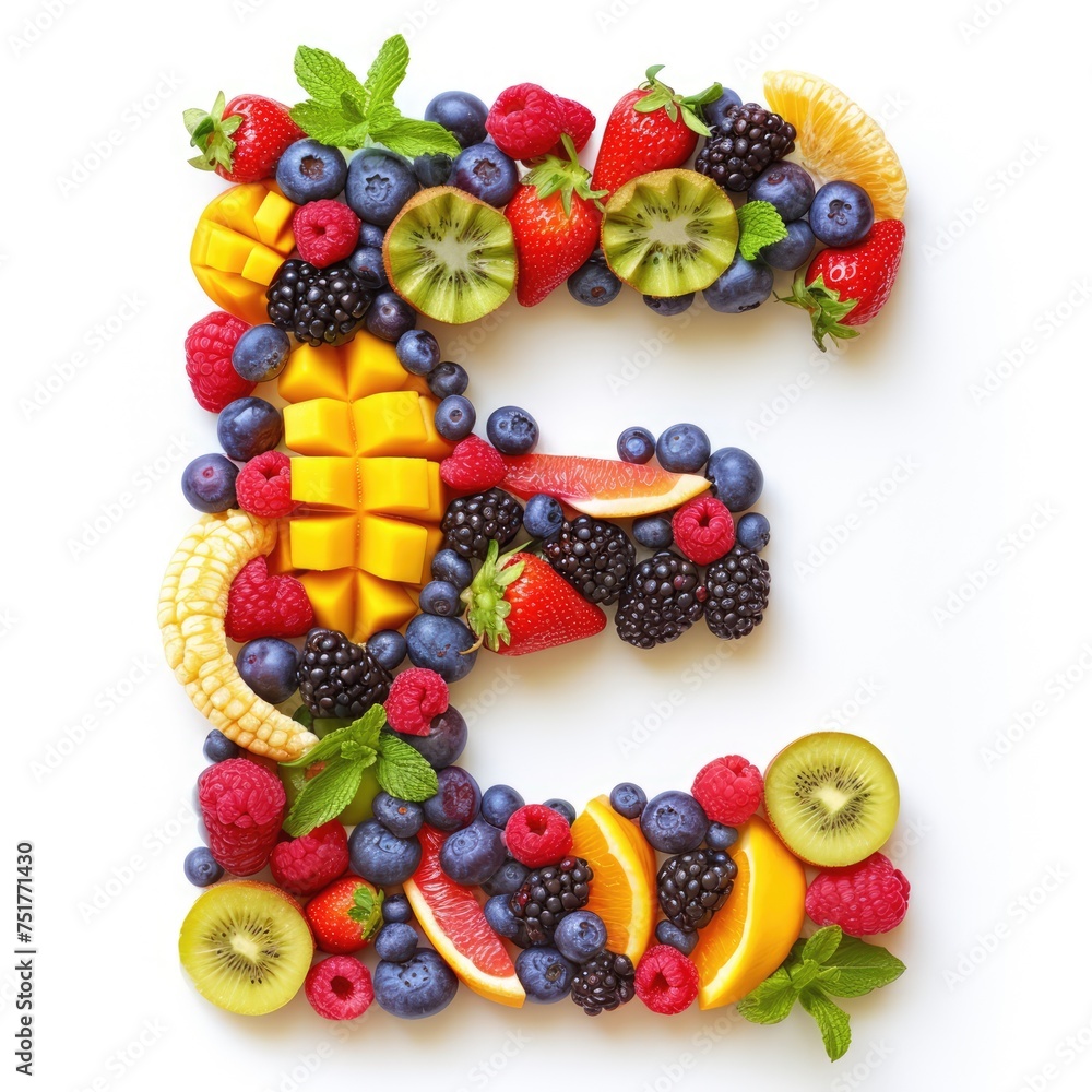 A collage of various fresh fruits and berries arranged in the shape of the letter E. creative and healthy concept