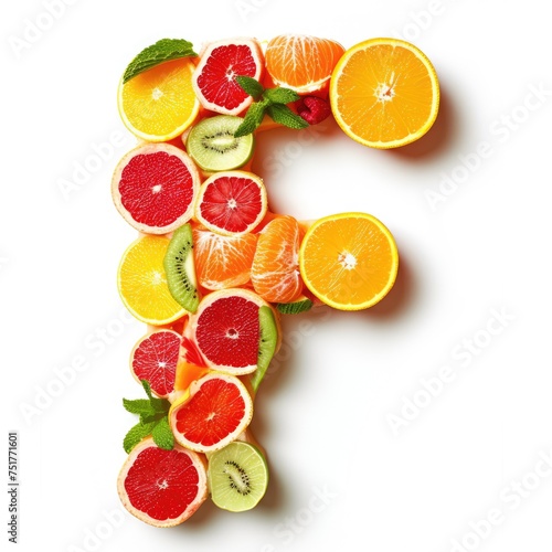 A collage of various fresh fruits and berries arranged in the shape of the letter F. creative and healthy concept