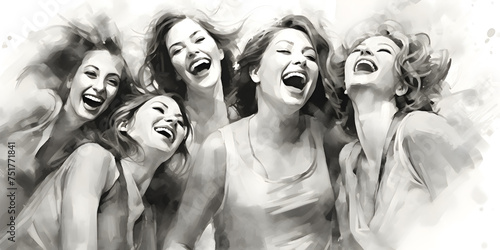 Abstract black and white illustration of group different women 