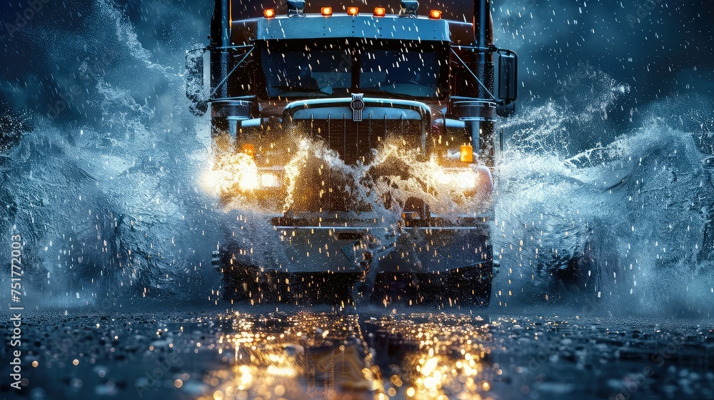 highway semi truck rain - obrazy, fototapety, plakaty 