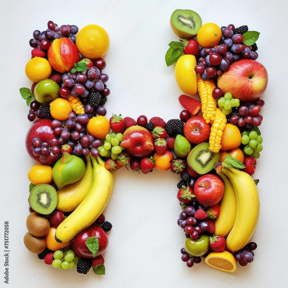 A collage of various fresh fruits and berries arranged in the shape of the letter H. creative and healthy alphabet letter H made entirely of colorful fruits and berries. A collage of various fresh fruits and berries arranged in the shape of the letter H. creative and healthy alphabet letter H made entirely of colorful fruits and berries.