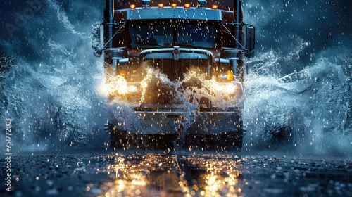 highway semi truck rain photo