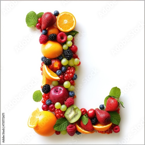 A collage of various fresh fruits and berries arranged in the shape of the letter L. creative and healthy concept